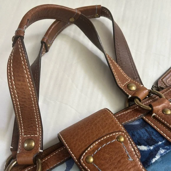 Coach Blue Patchwork and Tan Leather Tote Shoulder Handbag - Picture 7 of 15